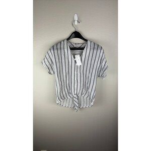 Vixbe - Small - Knotted Front V-Neck Cropped Shirt, Gray/White Stripes